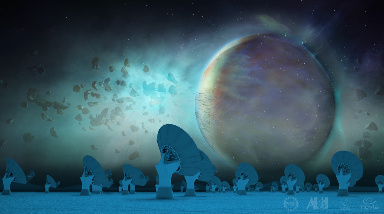 原始惑星系円盤で進む惑星形成の想像図と電波望遠鏡1